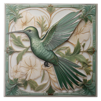 Sage green faux relief Art Nouveau Hummingbird Ceramic Tile