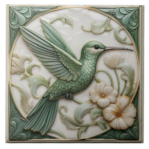 Sage green faux relief Art Nouveau Hummingbird  Ceramic Tile