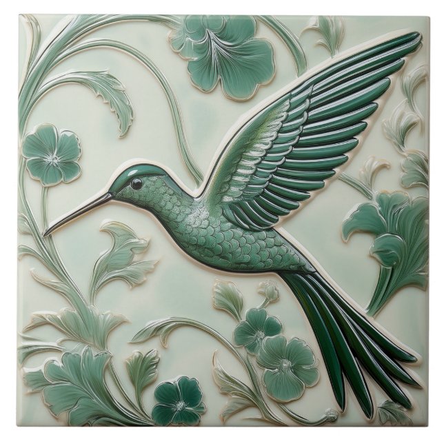 Sage green faux relief Art Nouveau Hummingbird L Ceramic Tile (Front)