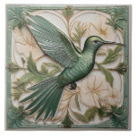 Sage green faux relief Art Nouveau Hummingbird R Ceramic Tile