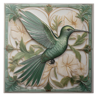 Sage green faux relief Art Nouveau Hummingbird R Ceramic Tile