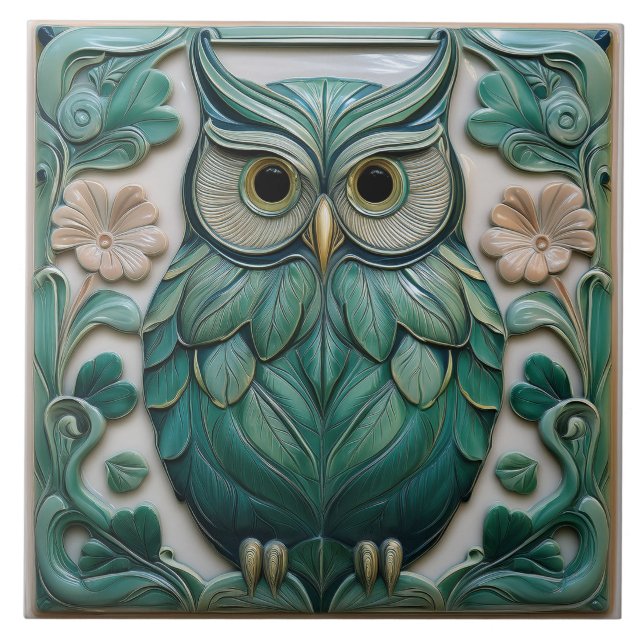 Sage green faux relief Art Nouveau Owl Ceramic Tile (Front)