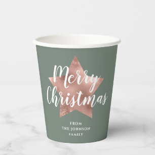 Sage Green Faux Rose Gold Star Merry Christmas Paper Cups