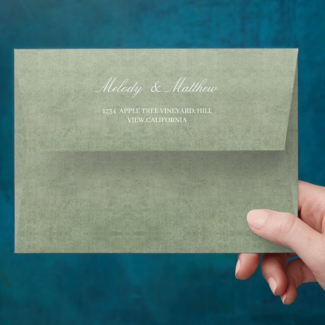 Sage Green Faux Velvet Texture Print Wedding Envelope (Hand)