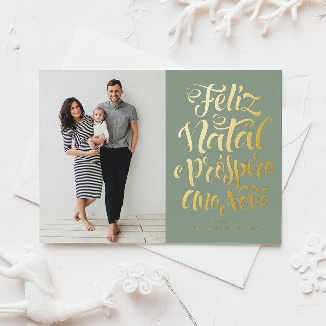 Sage Green Feliz Natal Calligraphy Christmas Photo Foil Holiday Postcard (Creator Uploaded)