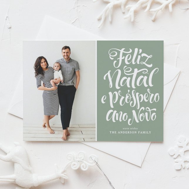 Sage Green Feliz Natal Calligraphy Christmas Photo Holiday Card (Creator Uploaded)