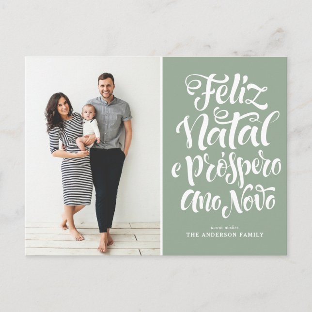 Sage Green Feliz Natal Calligraphy Christmas Photo Holiday Postcard (Front)