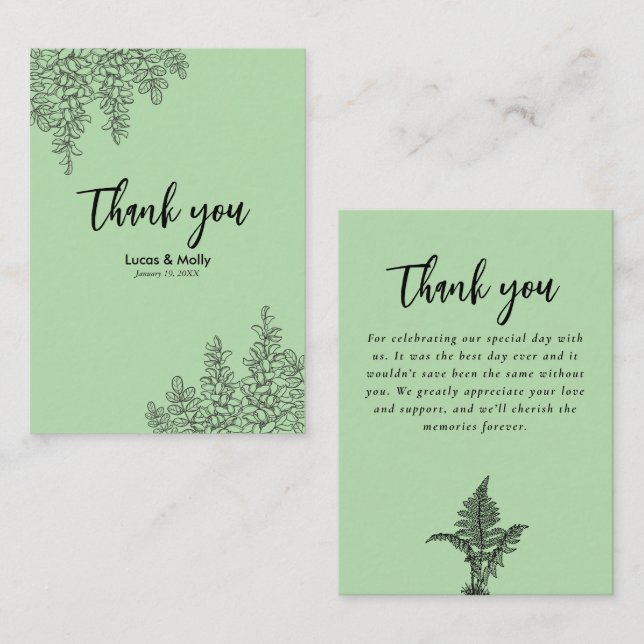 Sage Green Fern Leaf Wedding Thank you Note Card (Front/Back)
