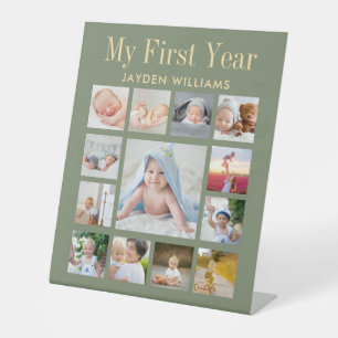 Sage Green First Birthday Party Baby Photo Collage Pedestal Sign