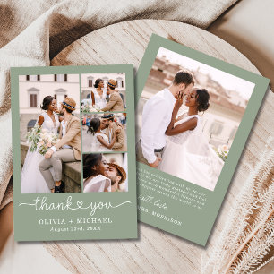 Sage Green Five Photo Collage Script Wedding Thank You Card