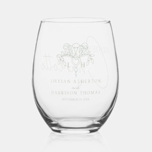Sage green fleur de lis monogram wedding favor stemless wine glass