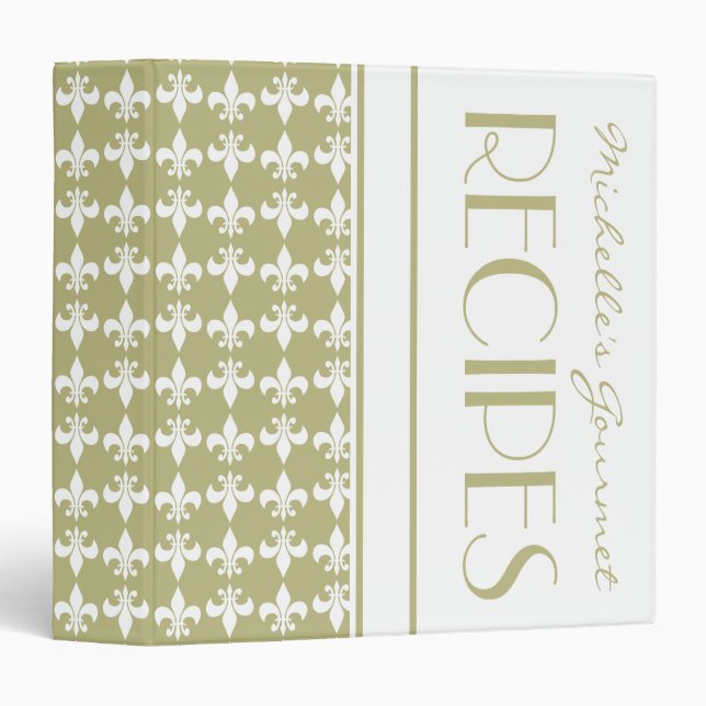 Sage Green Fleur de Lis Pattern Monogram Recipe 3 Ring Binder (Front/Spine)