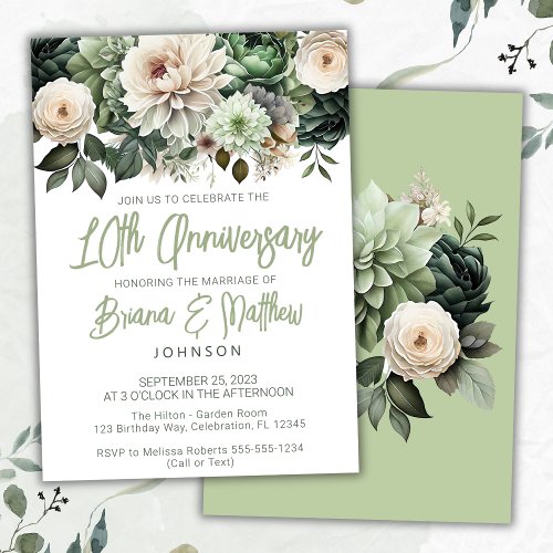 Sage Green Floral 10th Wedding Anniversary  Invitation
