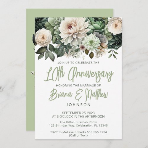 Sage Green Floral 10th Wedding Anniversary  Invitation