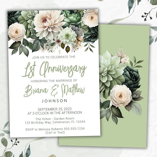 Sage Green Floral 1st Wedding Anniversary  Invitation