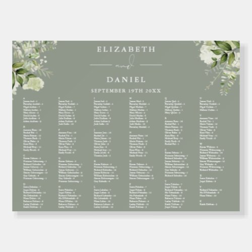 Sage Green Floral 200 Names Wedding Seating Chart Foam Board