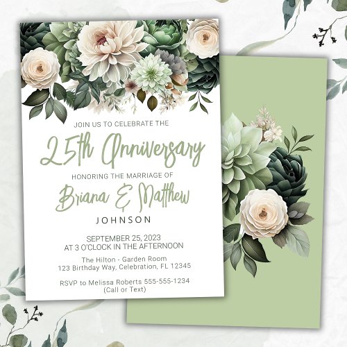 Sage Green Floral 25th Wedding Anniversary  Invitation