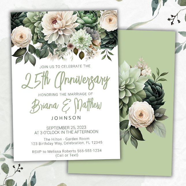 Sage Green Floral 25th Wedding Anniversary  Invitation (Creator Uploaded)