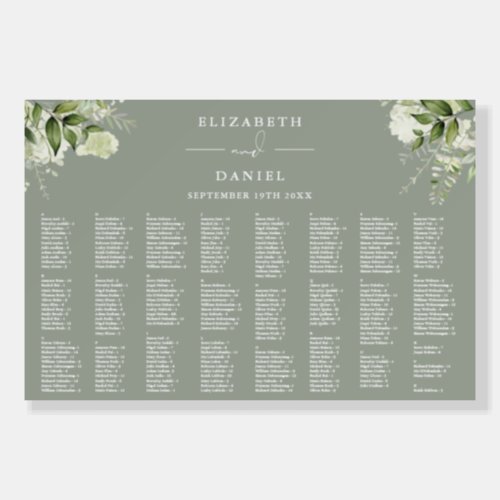 Sage Green Floral 300 Names Wedding Seating Chart Foam Board