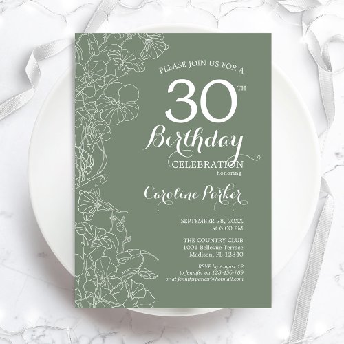 Sage Green Floral 30th Birthday Party Invitation