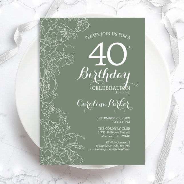 Sage Green Floral 40th Birthday Party Invitation (Creator Uploaded)