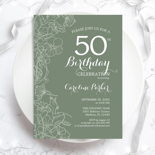 Sage Green Floral 50th Birthday Party Invitation