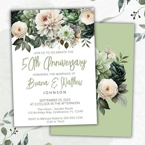 Sage Green Floral 50th Wedding Anniversary  Invitation