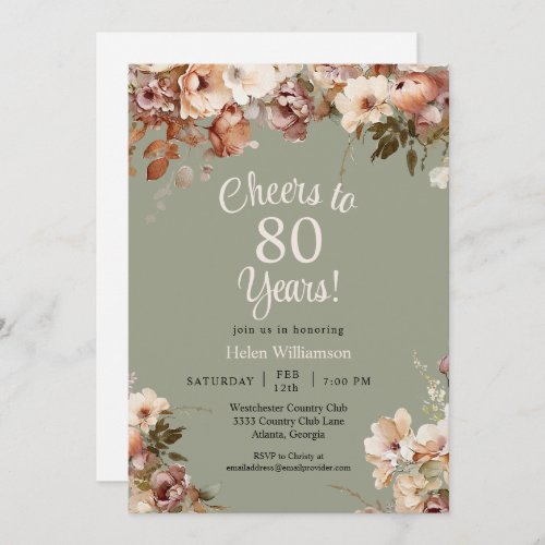 Sage Green Floral 80th Birthday Cheers to 80 Years Invitation