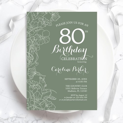 Sage Green Floral 80th Birthday Party Invitation