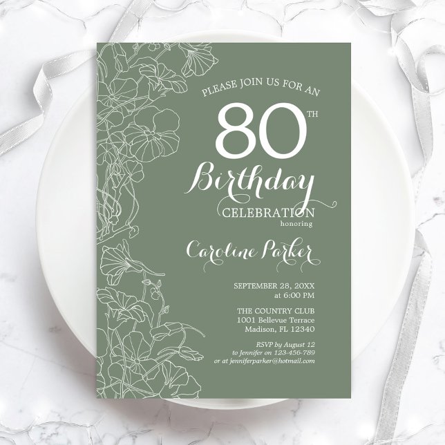 Sage Green Floral 80th Birthday Party Invitation (Creator Uploaded)