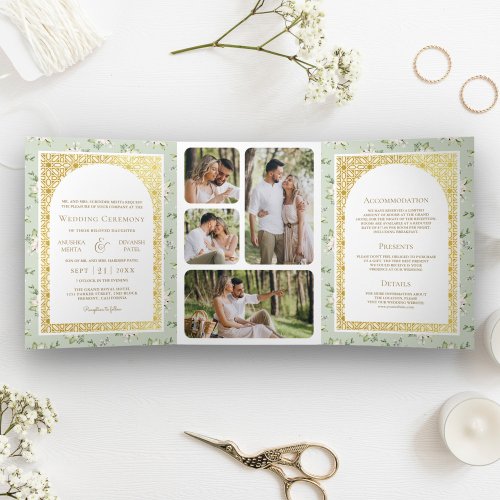Sage Green Floral All in One Gold Indian Wedding Tri_Fold Invitation