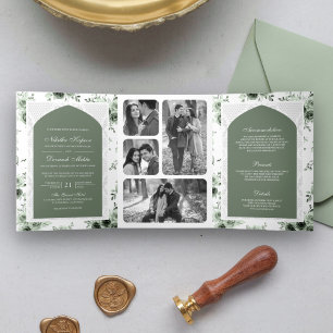 Sage Green Floral All in One Lace Indian Wedding Tri-Fold Invitation