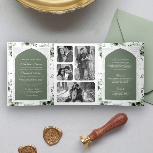 Sage Green Floral All in One Lace Indian Wedding Tri_Fold Invitation