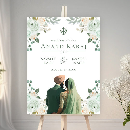 Sage Green Floral Anand Karaj Wedding Welcome Sign