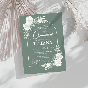Sage Green Floral Arch and Butterflies Quinceañera Invitation