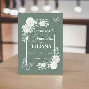 Sage Green Floral Arch and Butterflies Quinceañera Save The Date