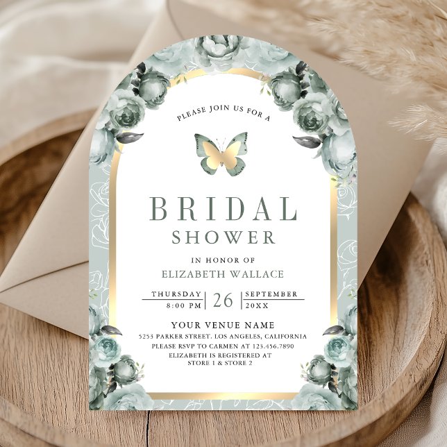 Sage Green Floral Arch Butterfly Bridal Shower Invitation (Creator Uploaded)