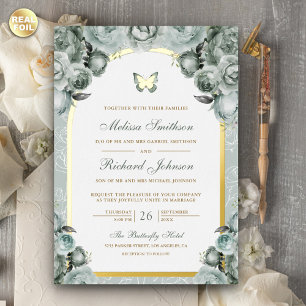 Sage Green Floral Arch Butterfly Wedding Gold Foil Invitation