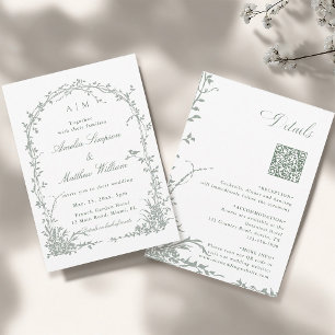 Sage Green Floral Arch Garden All in One Wedding   Invitation