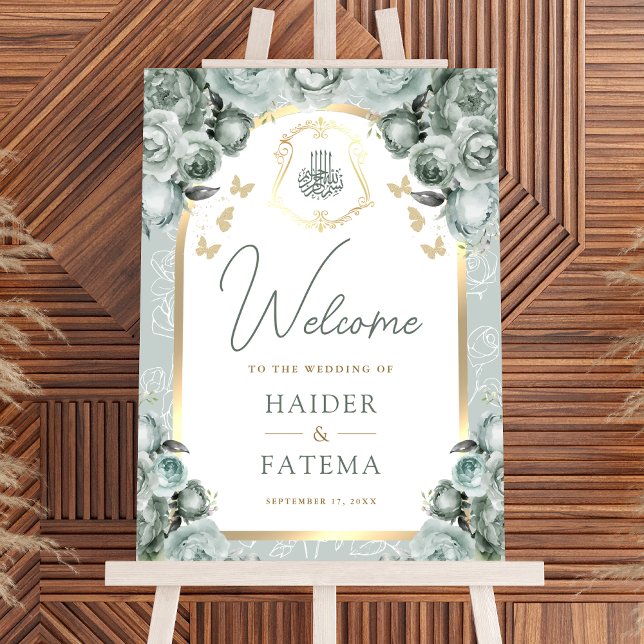 Sage Green Floral Arch Muslim Wedding Welcome Sign (Creator Uploaded)