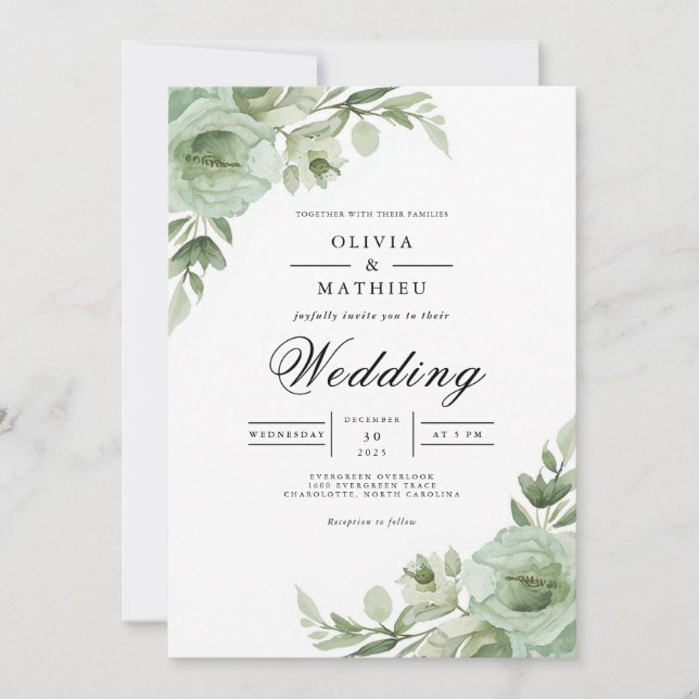 Sage Green Floral Arch Wedding Invitation (Front)