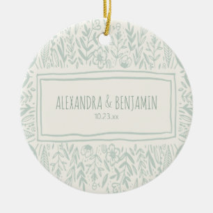 Sage Green Floral Art Border Wedding Couple 1st Ceramic Ornament