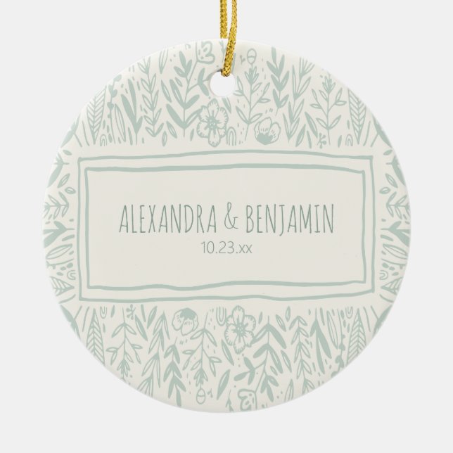 Sage Green Floral Art Border Wedding Couple 1st Ceramic Ornament (Front)
