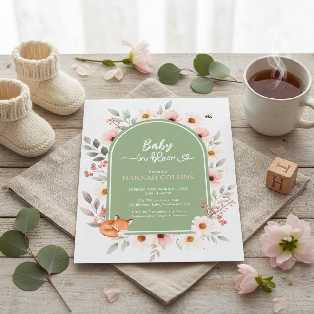 Sage Green Floral Baby Shower Fox Invite (Soft pastel baby in bloom woodland design)