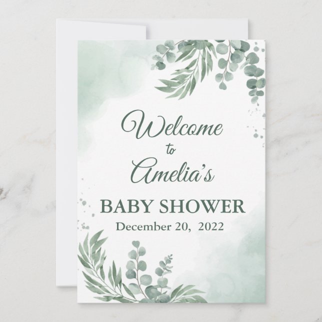 Sage Green Floral Baby Shower Girl Welcome Sign In (Front)