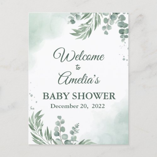 Sage Green Floral Baby Shower Girl Welcome Sign In Announcement Postcard