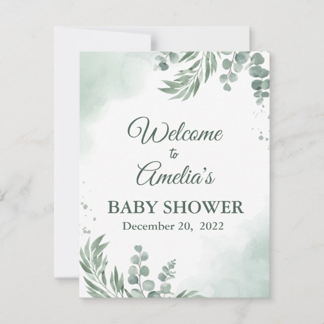 Sage Green Floral Baby Shower Girl Welcome Sign In Save The Date (Front)