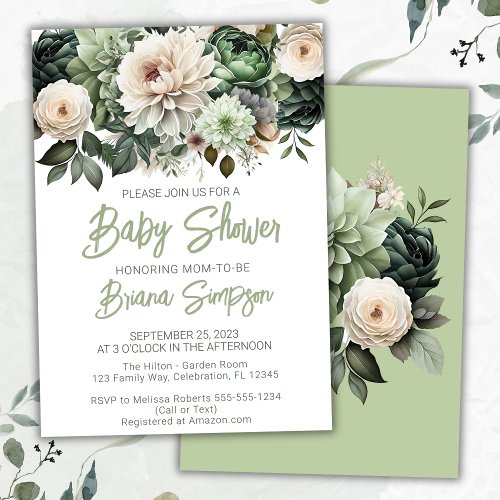 Sage Green Floral Baby Shower Invitation
