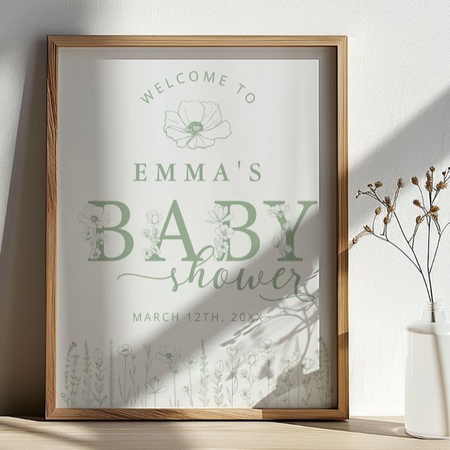 Sage Green Floral Baby Shower Welcome Sign (Baby Shower Welcome Sign)