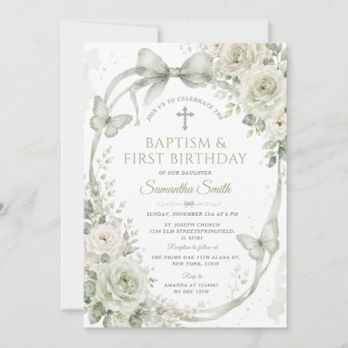 Sage Green Floral Baptism & 1st Birthday Butterfly Invitation